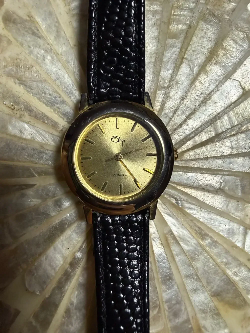 SHYE Gold Tone Watch with Genuine Black Leather Band | Minimalist Quartz Watch